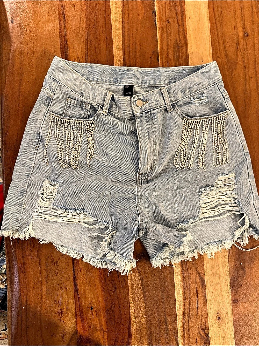 Cider Diamond Tassels Ripped Denim Shorts Distressed Chain Detail Jean Shorts in